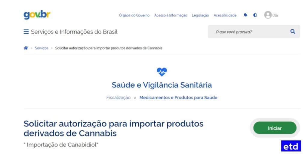 Print do site gov.br na aba Saúde e Vigilância Sanitária para fazer o pedido de importar produtos de cannabis