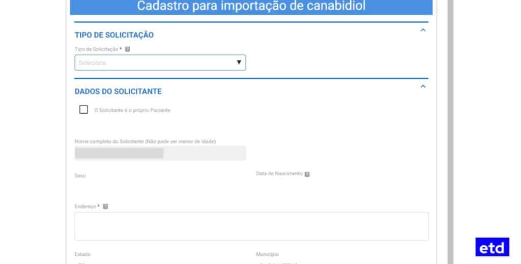 Página Cadastro para importação de canabidiol (CBD) do site gov.br