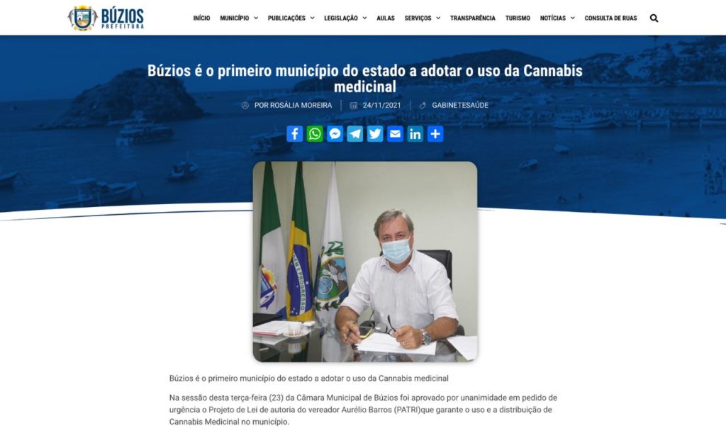 Print do site da Prefeitura de Búzios da matéria "Búzios é o primeiro município do estado a adotar o uso da Cannabis medicinal"